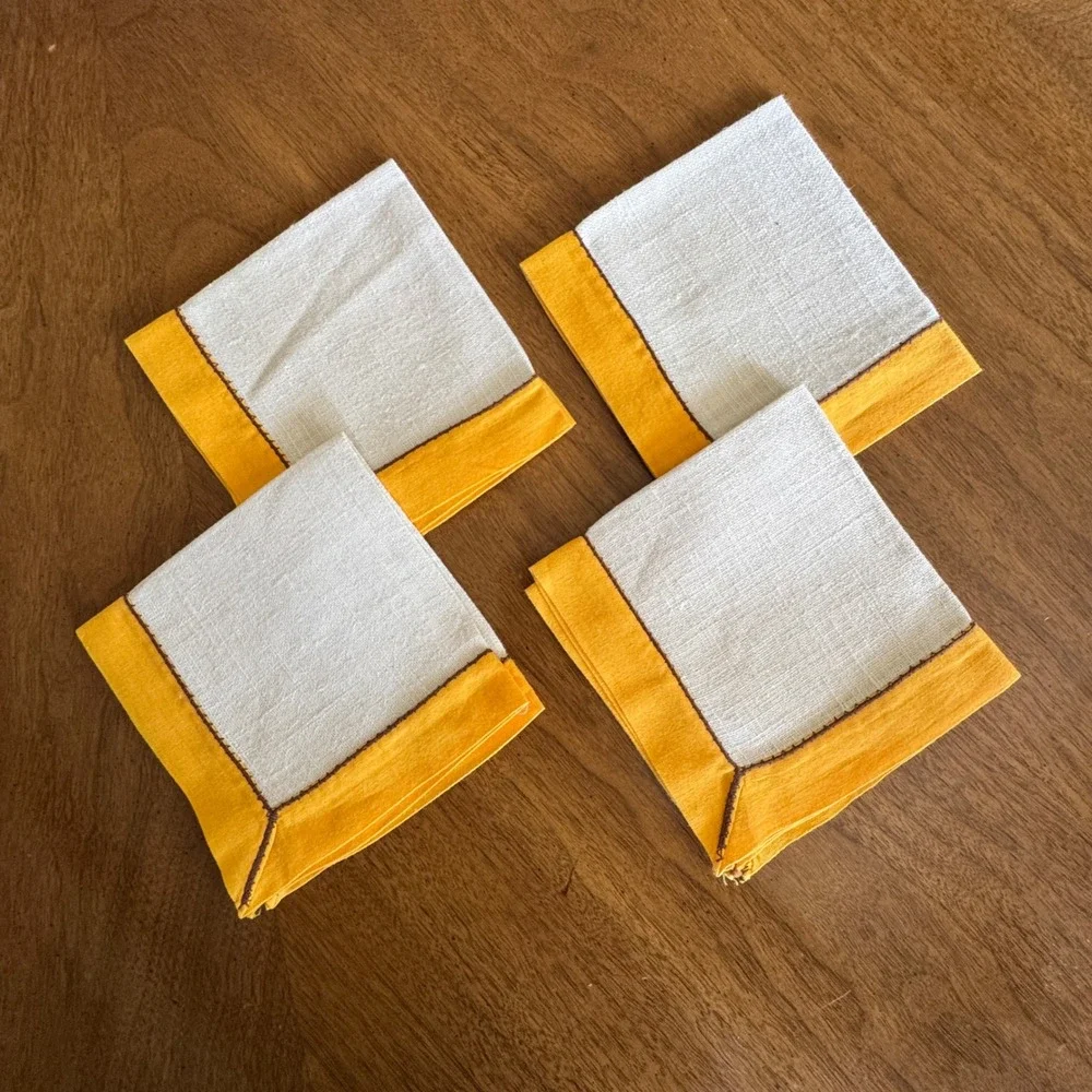 Vintage Set of 4 Linen Cocktail Napkins Cream Yellow Floral Embroidery 10x10 Sq